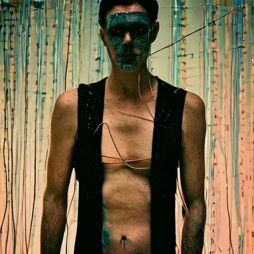 Prompt: a cyberpunk man draped in wires pain torment and fear, photoreal, photographic, kodak ektar