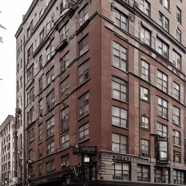 Image similar to a gothic 1 9 2 0 s 1 0 - storey hotel in downtown boston overlooking a dark street
