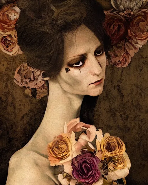 Prompt: a beautiful and eerie baroque painting of a beautiful but serious woman in layers of fear, with haunted eyes and dark hair piled on her head, 1 9 7 0 s, seventies, floral wallpaper, wilted flowers, deathly pallor, morning light showing injuries, delicate ex embellishments, painterly, offset printing technique