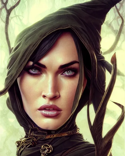 Prompt: portrait of megan fox as an elven mage, dark, piercing eyes, gentle expression, elegant clothing, photorealistic, highly detailed, artstation, smooth, sharp focus, art by michael whelan, artgerm, greg rutkowski and alphonse mucha