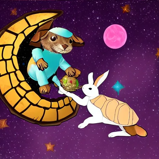 Prompt: rabbit riding a dog riding a turtle in space