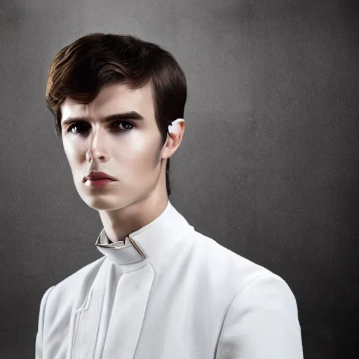 Image similar to portrait of a regal prince with sharp cheekbones, white clothes, high collar, close up, wistful melancholic hopeful expression. he is surrounded by angry people. super details, modern digital art, matte painting, science fiction