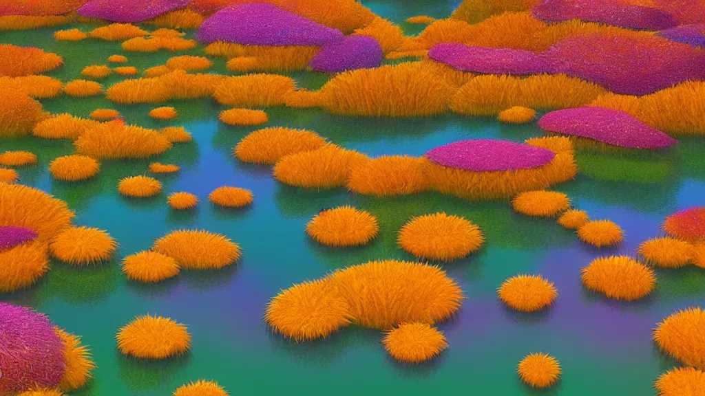 Prompt: digital illustration of a lake full of giant multi - colored tithonia flowers by dr. seuss, reimagined by ilm and beeple : 1 | megaflora, spectral color, electric color, rolling hills : 0. 9 | fantasy : 0. 9 | unreal engine, deviantart, artstation, hd, 8 k resolution : 0. 8