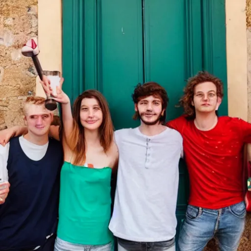 Image similar to four young adult are in an ourdoor party in italy, they are holding the same object in their right hand