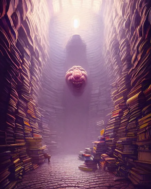 Prompt: highly detailed surreal vfx portrait of a boss monster in a catacomb of books, stephen bliss, unreal engine, greg rutkowski, loish, rhads, beeple, makoto shinkai and lois van baarle, ilya kuvshinov, rossdraws, tom bagshaw, alphonse mucha, global illumination, detailed and intricate environment