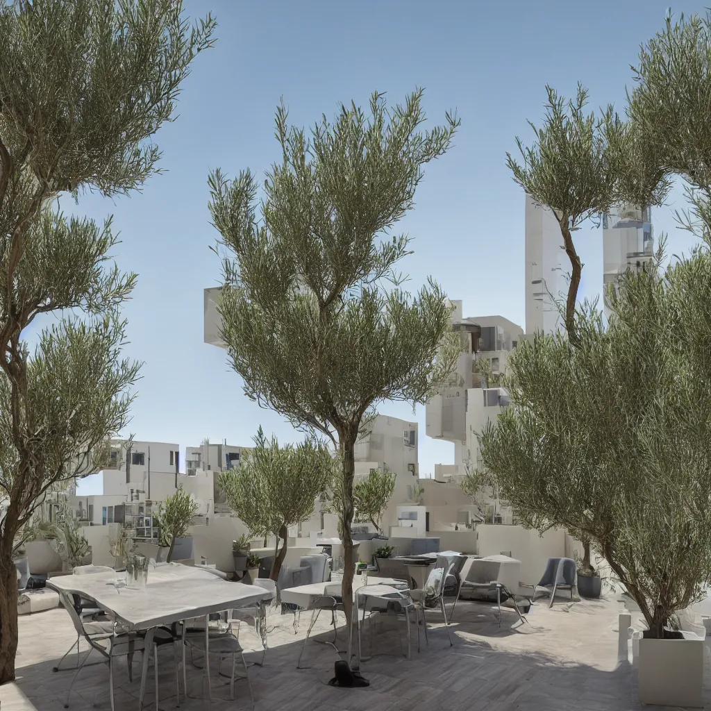 Prompt: 2 2 floor residential apartment, rooftop garden, olive trees