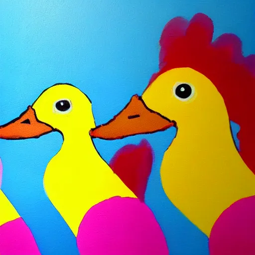 Prompt: the painting is a yellow duck with a pink beak and a blue head.