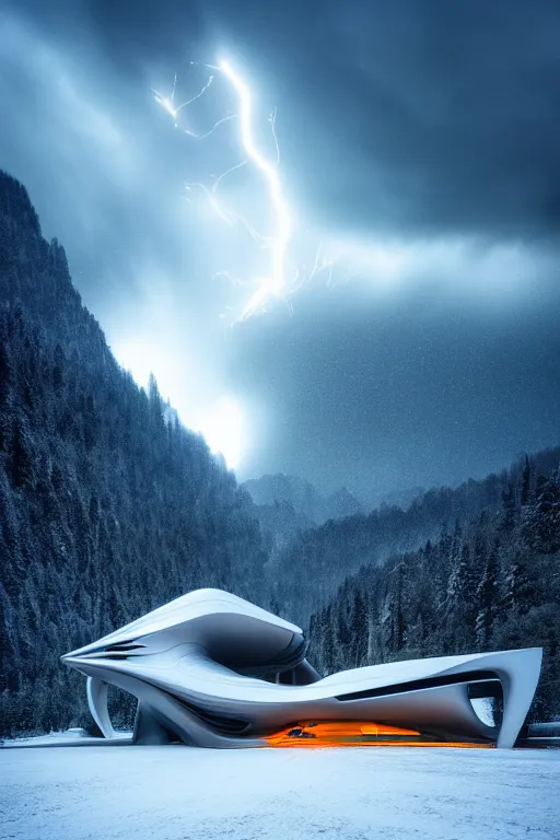 Image similar to a futuristic scene in front of a zaha hadid building in the forrest of the french alps mountains in the style of chris moore, stormy weather with lightning, neon lightning, cinematic matte painting, extreme detail 8 k photo quality, dark moody colors, snowfall, featured on behance