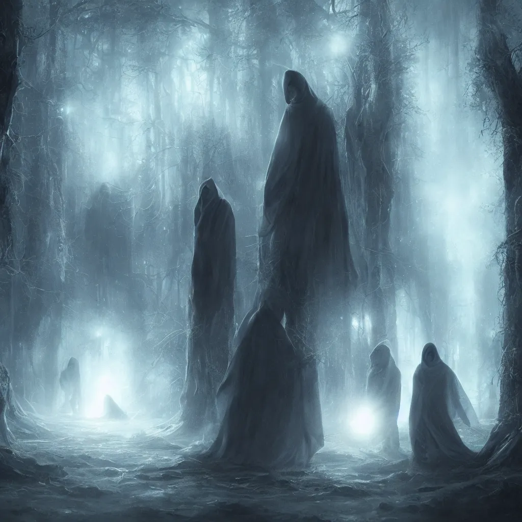 Image similar to high drama, distant hooded figures, hdr, luminescent invocations, diffuse magic, movie still, intricate highly detailed mystical prisms, fully photorealistic, artstation, beautiful concept art, smoothened, sharp luminescent focus, nd 6, sony fx 6