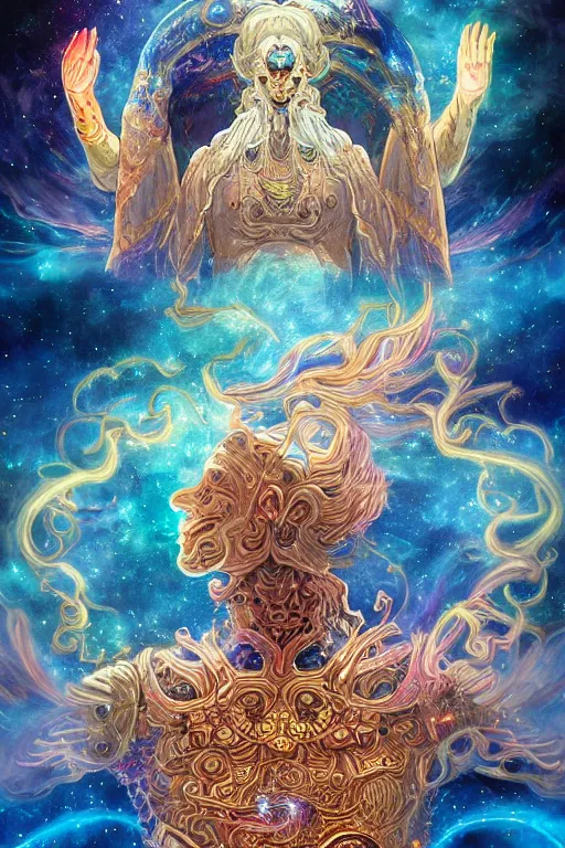 Image similar to god of the universe, korean mythology, a ornate fractal cloud full body with intricate details and interweaving geometric shapes, portrait symetrical, layers of clothing, gold trimmings, galaxies and nebula flowing out of his body, artgerm, psychedelic floral planets, studio ghibli painterly style, trending on artstation, tarot card