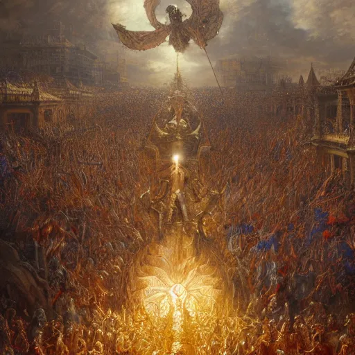 Prompt: artstation concept of a god in armor standing in a crowd gettig cheered, man with arms wide open, bright colorful, gold, hyperdetailed, artstation trending, world renowned artists, worth 1 0 0 0. com, historic artworks society, antique renewel, cgsociety, by greg rutkowski, by gustave dore, deviantart