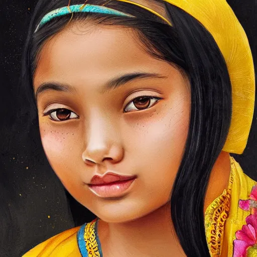 Prompt: Portrait of a beautiful teen Assamese girl, cute face, wearing biihu mekhela sador, by charlie bowater