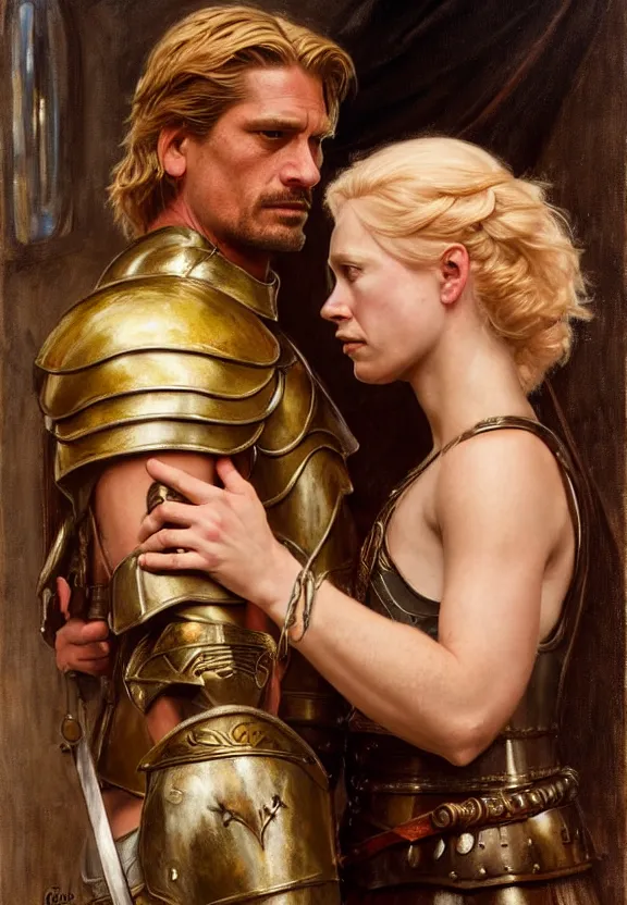 Image similar to attractive fully clothed jaime lannister confesses his love for attractive fully clothed armored brienne of tarth. highly detailed painting by gaston bussiere and j. c. leyendecker 8 k