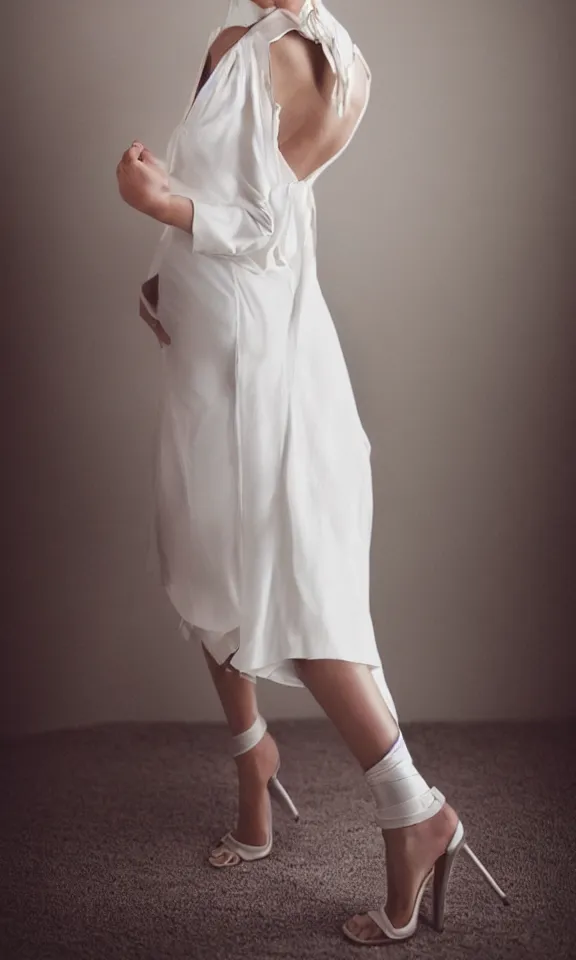 Prompt: photo of gorgeous seductive tall emily skinner cosplaying annie leonhart wearing elegant white dress, wearing open toe heels, in a white room, beautiful face, pale skin, rule of thirds, cinematic lighting, sharp focus, backlit, stunning, smooth, hard focus, full body shot, studio photo, shot on sony a 7 iii