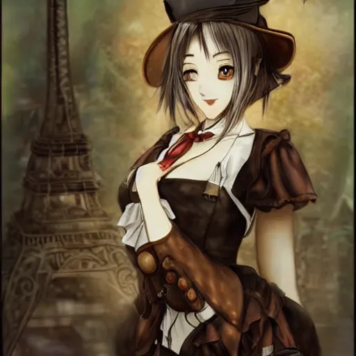 Prompt: cute anime woman in steampunk clothing doing a cute pose. oil painting masterwork