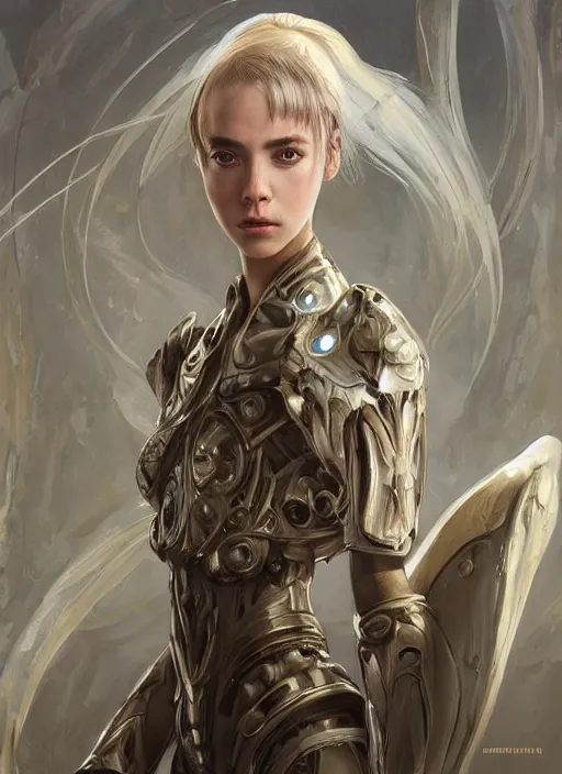 Image similar to a professional painting of a beautiful young female alien, clothed in ethereal armor, olive skin, long dark hair, beautiful bone structure, symmetrical facial features, intricate, elegant, digital painting, concept art, smooth, sharp focus, illustration, from Valerian and the City of a Thousand Planets, by Ruan Jia and Mandy Jurgens and Artgerm and William-Adolphe Bouguerea