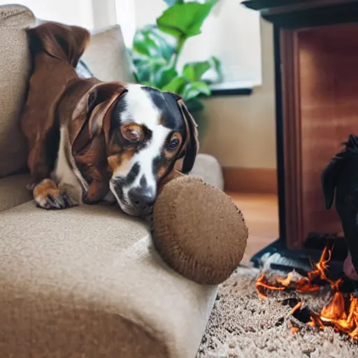 Prompt: a photo of a dog sipping tea in a living room that ’ s on fire