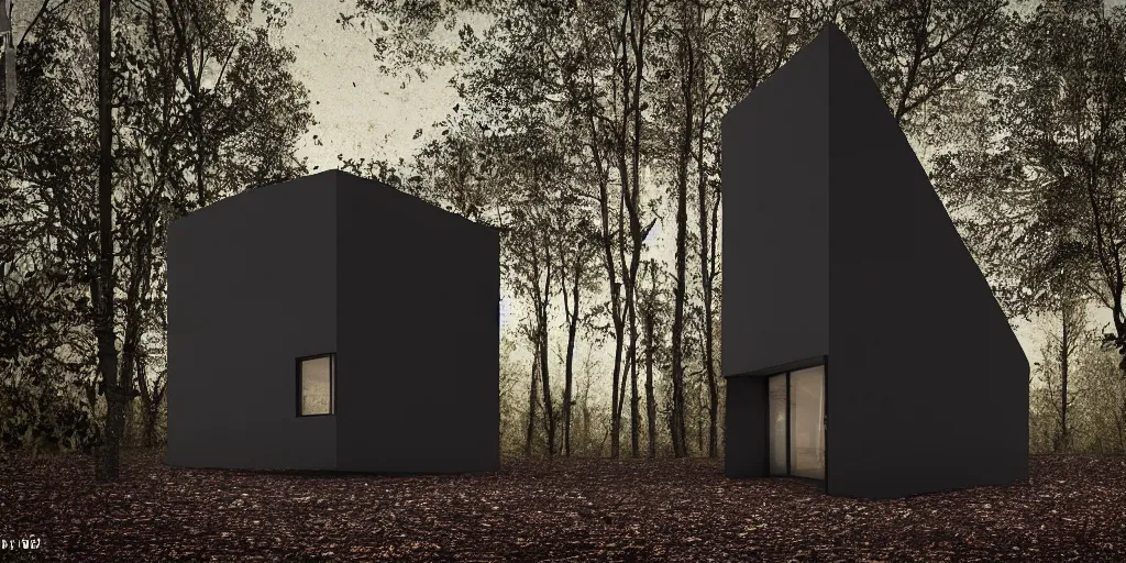 Prompt: a black cube minimalist house in the woods and empty woods, 8k, fantasy, hyper realistic, dramatic lighting, cinematic in ispahan