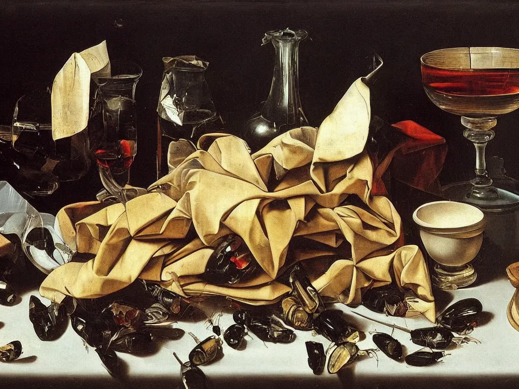 Prompt: by Michelangelo Merisi da Caravaggio Still Life with broken shattered and whole wine bottles