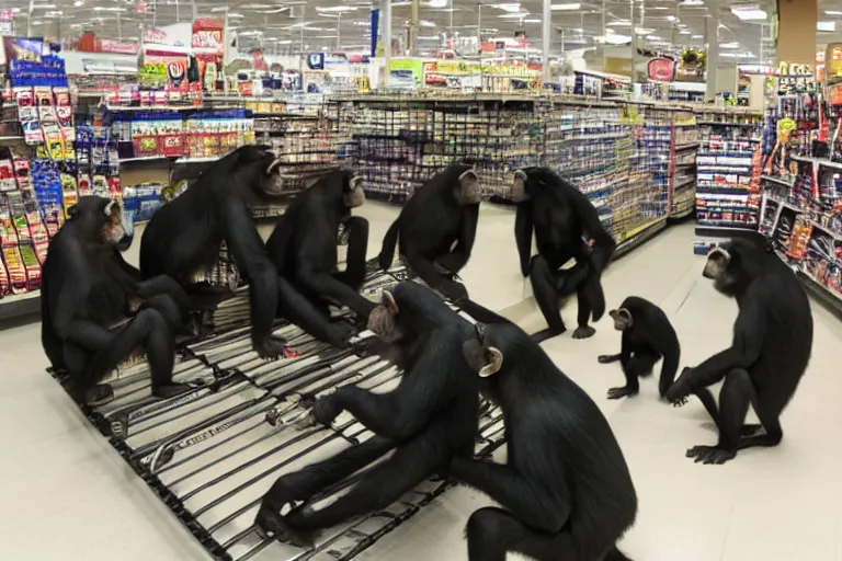 Prompt: a large group of chimpanzees in a bed bath & beyond store