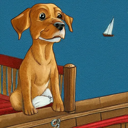 Prompt: a masterpiece detailed illustration of a very cute dog on a boat. the scene is detailed and beautiful, and combines the style of michael foreman, gyo fujikawa, and jane clarke.