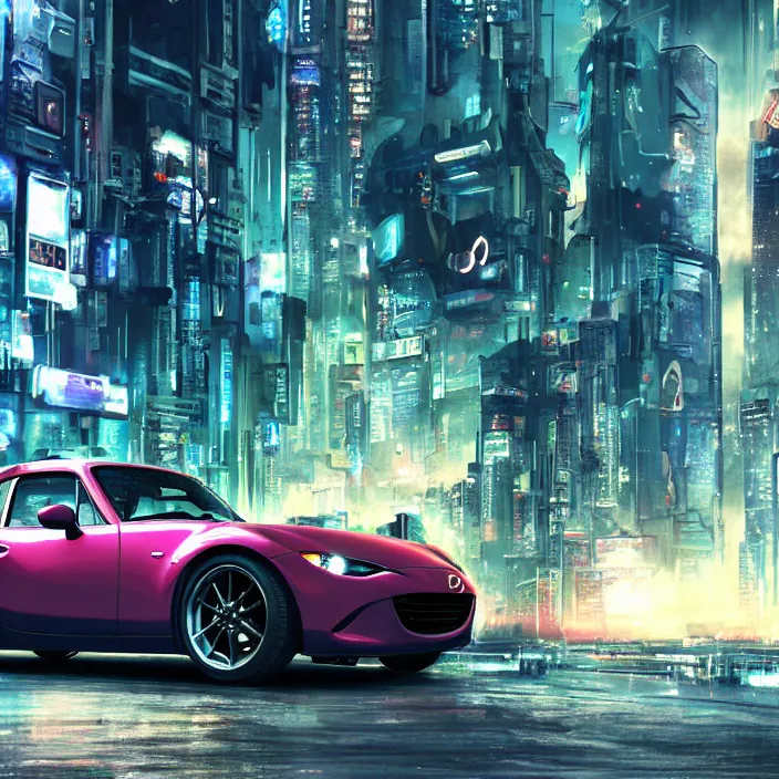 Image similar to a mazda miata in cyberpunk city, cyberpunk futuristic digital art concept