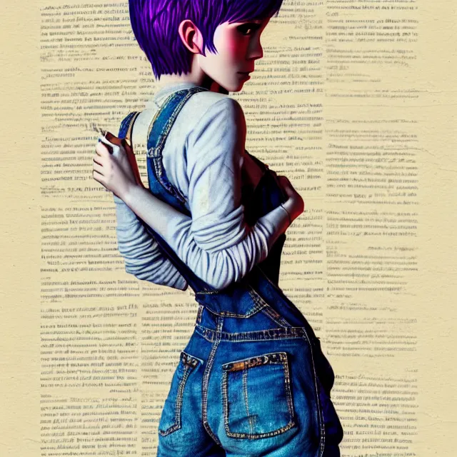 Image similar to full body pose, beautiful adult book fairy, pixar, short white hair shaved sides, dirty, grungy, grunge, long sleeve, painted overalls, stacks of giant books, highly detailed, 4 k, hdr, smooth, sharp focus, high resolution, award - winning photo, artgerm, photorealistic