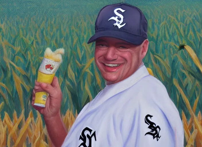 Image similar to painting of paul pater dressed as nurse with a chicago white sox hat in the middle of a corn field