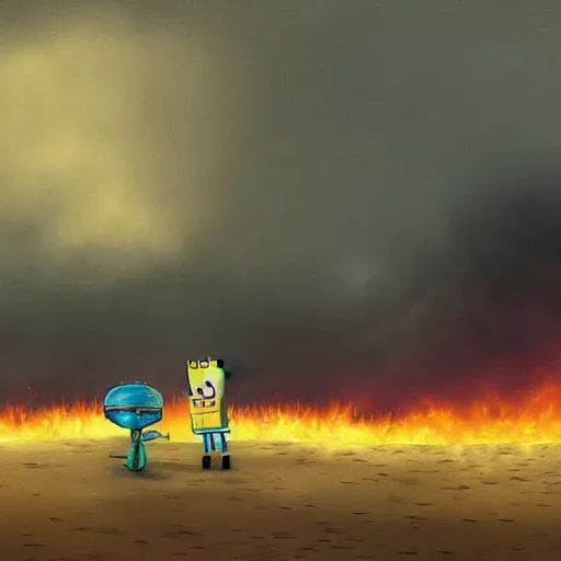 Prompt: a gloomy digital painting of spongebob and patrick standing on beach looking out at explosions, d-day, smoke, fire, detailed, bleak, weary, dark,