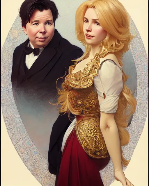 Image similar to Portrait of a  blonde lady and Michael mcintyre with Dogtanian, intricate, elegant, highly detailed, artstation, concept art, smooth, sharp focus, art by artgerm and greg rutkowski and alphonse mucha