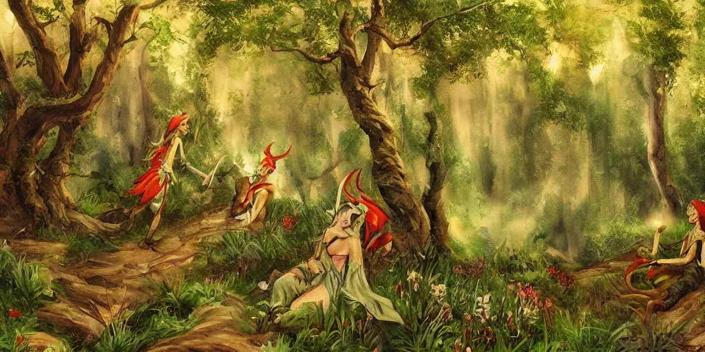 Prompt: painting of elves in a beautiful forest landscape