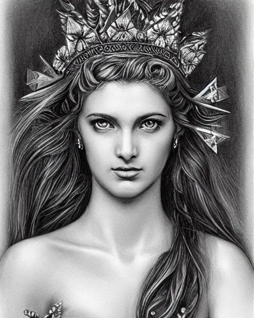 Image similar to long shot realism pencil drawing of the beautiful greek goddess aphrodite wearing a laurel wreath and arrowhead earrings, beautiful confident eyes, beautiful flowing hair, glowing god eyes, hyper realistic face, in the style of artgerm, fantasy, amazing detail, epic, elegant, smooth, sharp focus, from the front