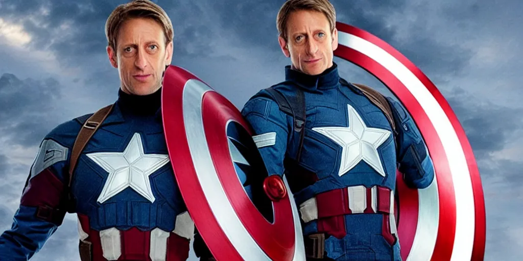 Prompt: “A still of Tony Hawk as Captain America in Marvel’s Avengers”