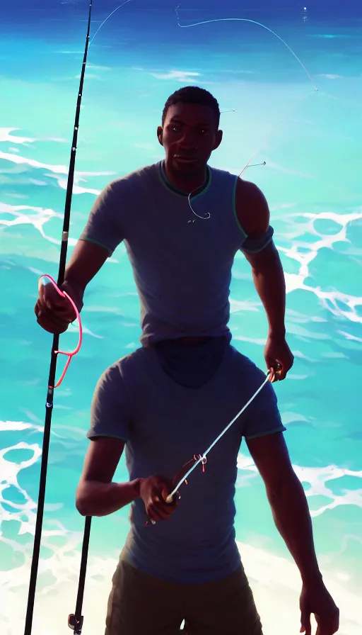 Prompt: highly detailed portrait of one athletic modern jamaican man fishing with a magical glowing fishing rod weapon, ocean background, unreal engine, fantasy art by greg rutkowski, loish, rhads, makoto shinkai and lois van baarle, ilya kuvshinov, rossdraws, tom bagshaw, global illumination, radiant light, detailed and intricate environment