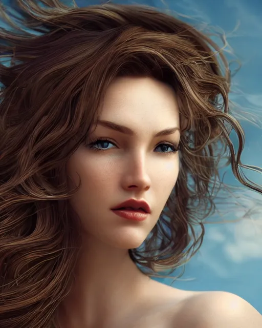 Prompt: closeup photo of a beautiful woman with long dark wind blown hair, hyper realistic, concept art, intricate, hyper detailed, smooth, ambient volumetric lighting, high contrast, vibrant, hd, octane, alberto vargas,