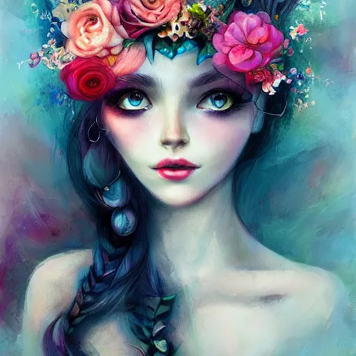 Image similar to in San Francisco lives a girl with flowers in her hair, in the style of Anna Dittman