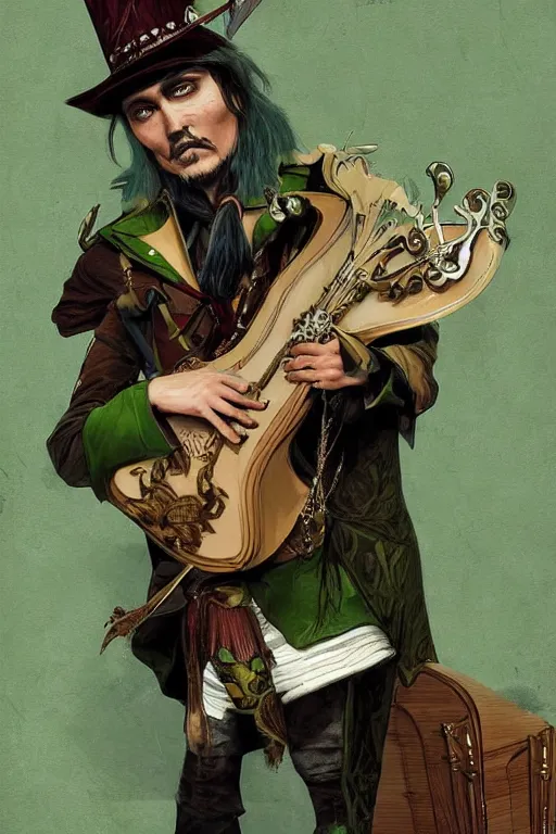 Image similar to Breathtaking comic book style of Johny Depp portrayed as a Dungeons and Dragons bard, playing the lute and wearing a pale green jacket in the style of ilya kuvshinov