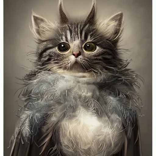 Image similar to portrait character design, a cute feathered cat, feline bird hybrid, feathers plumage, plumed by brian froud, portrait studio lighting by jessica rossier and brian froud