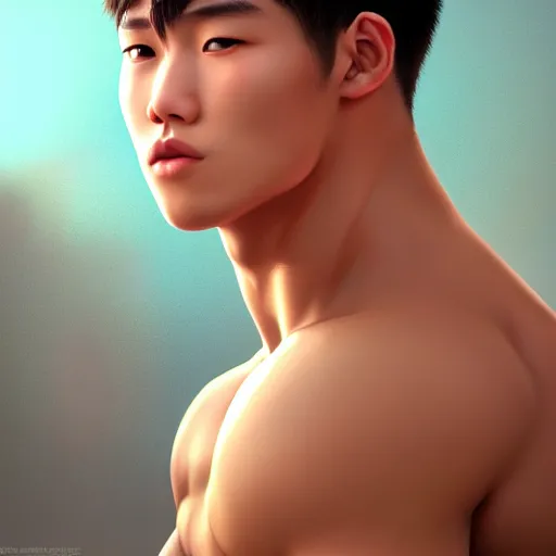 Image similar to a korean bodybuilder college boy, bokeh, beautiful face!!!!, 2 3 years old, cg animation, lifelike, animated, realistic, character select portrait, by artgerm, greg rutkowski, alphonse mucha, 3 d