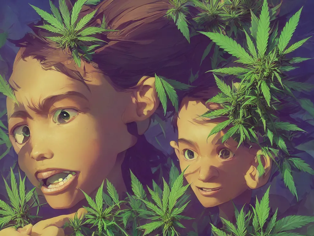 Image similar to kid with green purple flowers of marijuana hemp cannabis, behance hd by jesper ejsing, by rhads, makoto shinkai and lois van baarle, ilya kuvshinov, rossdraws global illumination, golden ratio, symmetrical beauty face