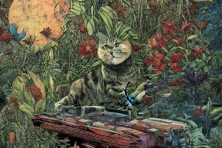 Image similar to gigantic cat floating in the space, a lot of exotic plants, trees, flowers, vintage sci - fi, newspaper grainy colors, flat surreal grainy design, super - detailed, painting by enki bilal and moebius, hd, 4 k, high quality