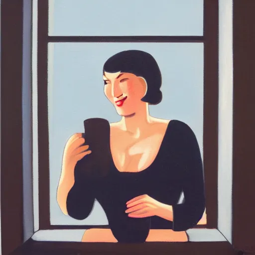 Image similar to oil painting of woman smiling with her eyes closed as she bathes in milk, evening moody lighting from art deco window