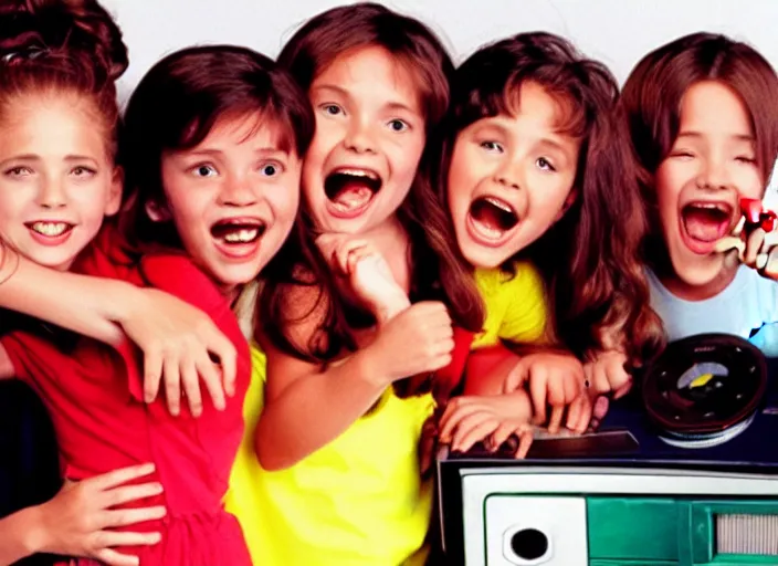 Prompt: Funny TV show in 90s. Color VHS footage. A 10-years-old girl singing on the small stage in the TV studio.