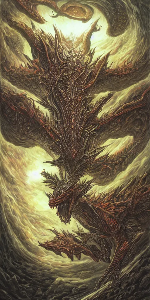 Image similar to an alien dragon demigod descending from outer space to consume the earth, by dan seagrave art