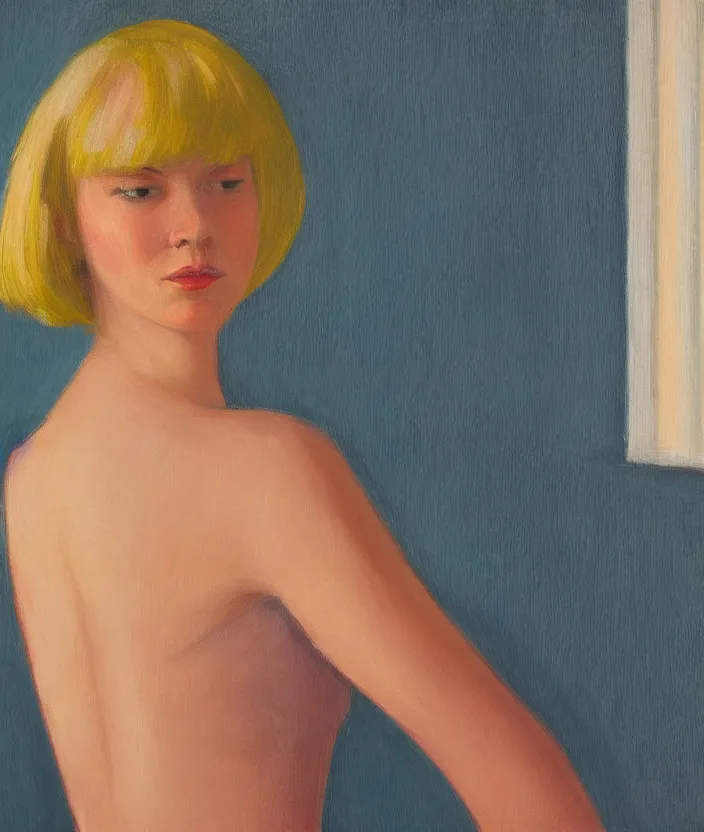 Prompt: a closeup portrait of woman with a blonde bob with bangs, in the style of edward hopper, very fine brush strokes, 4 k,