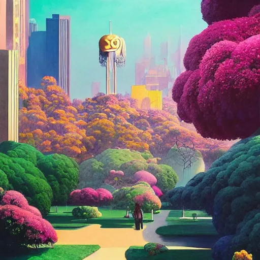 Image similar to a painting of an art - deco cityscape surrounded by flowers, a watercolor and matte painting by beeple and rhads and maxfield parrish, cgsociety, artdeco, utopia art, sci - fi, artstation hq