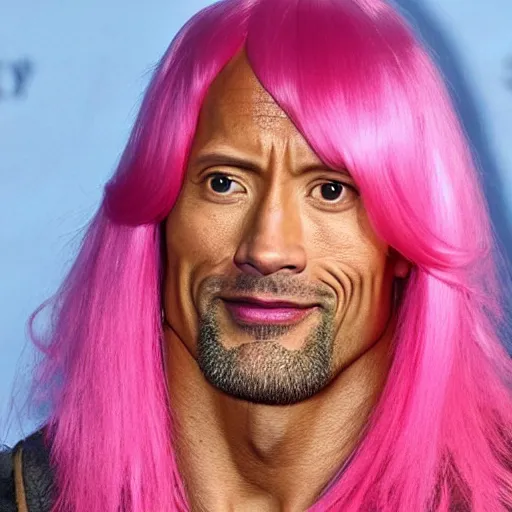 Prompt: Dwayne Johnson wearing a long pink wig