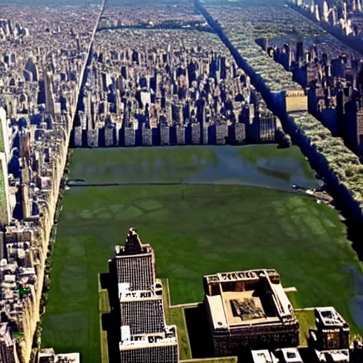 Prompt: giza pyramids in central park new york aerial footage s - log low contrast grading