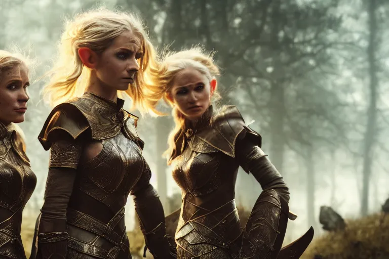 Image similar to a cinematic photograph of three female elf warriors, 8 k, ultra realistic, dramatic lighting, real faces, mist