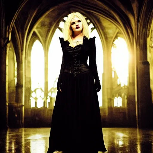 Image similar to elisha cuthbert as a vampire showing her fangs in a gloomy gothic cathedral at night